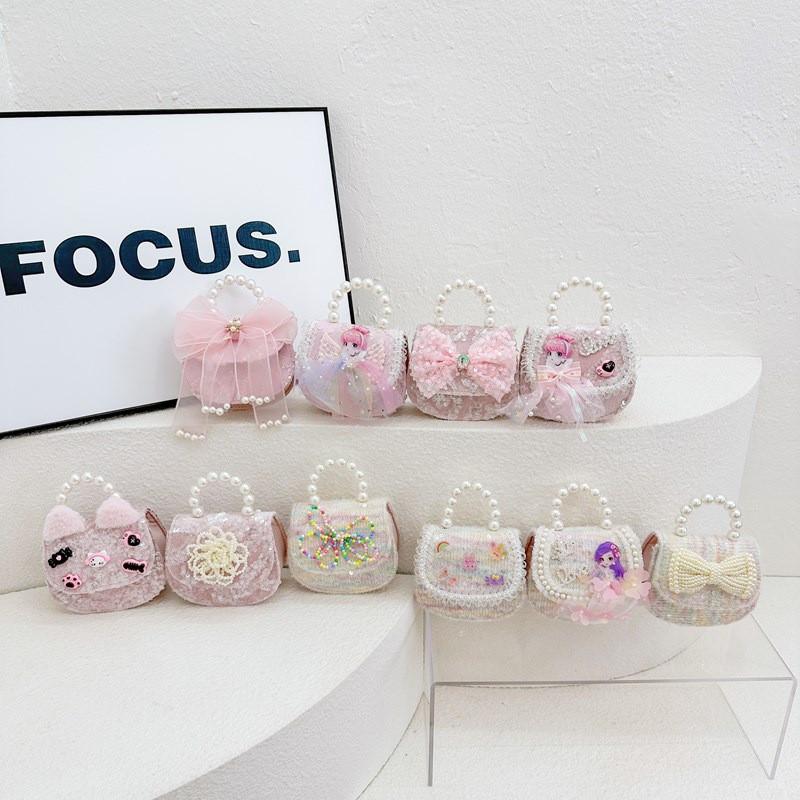 Charming Pink Bow Sequin Girls Shoulder Bag With Pearl Chain For Kids Fashion