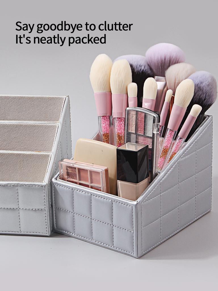 Large-capacity Stepped Makeup Storage Box, Leather Multi-compartment Makeup Brush, Cosmetics Storage Box, Desktop Storage Tool