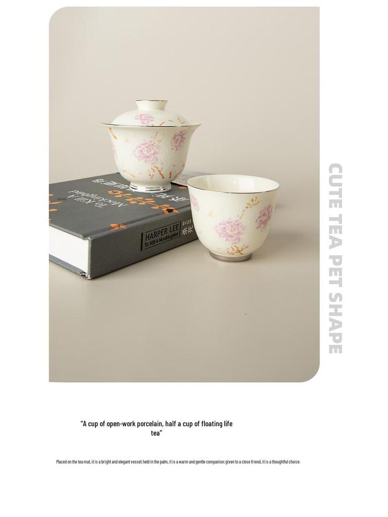 Apricot Yellow Butterfly & Floral Gaiwan Tea Cup with Silver Edge - High-grade Ceramic for Women's Tea Brewing