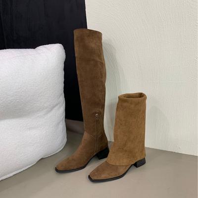 Thick Heel French Retro Square Head Over Knee Boots Women's 2025 New Two-wear Tall Stacking Boots