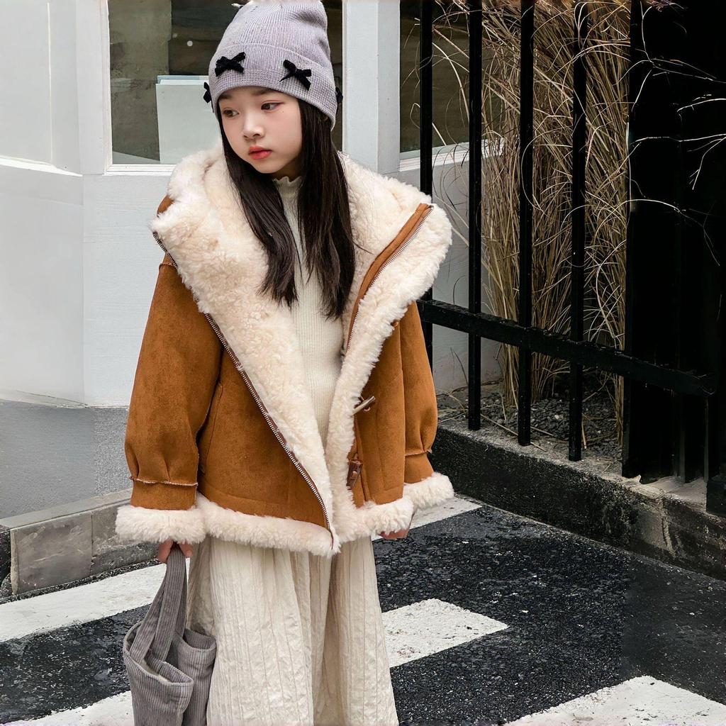 Kinder Koreanischer Stil Kunstfell Kapuzen Lammfellmantel - Jungen & Mädchen Winter Warm Duffle-Knopf Einteiler