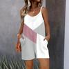 Womens Sleeveless Spaghetti Strap Romper Geometric Splicing Print Pocket Short Jumpsuit