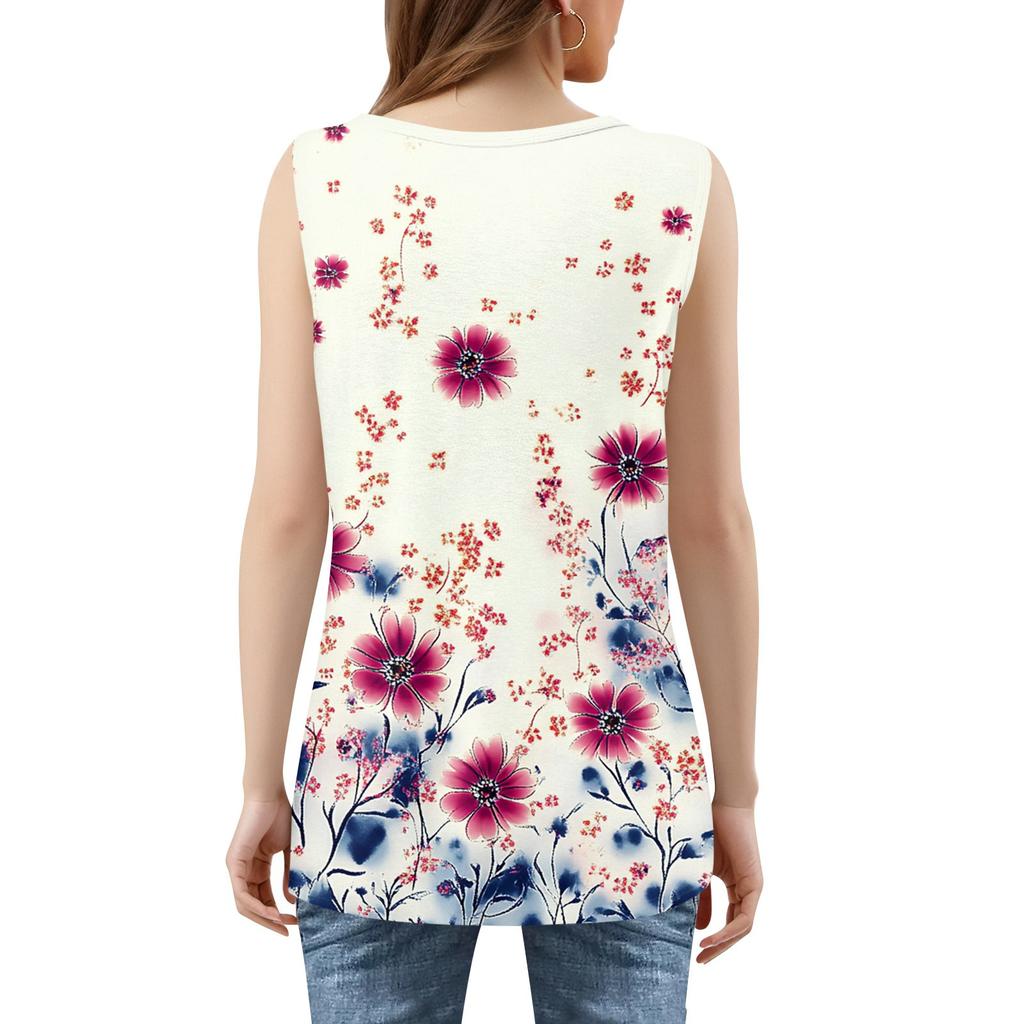 Women's Summer Casual Pleated Square Neck Sleeveless Tank Top Printed T-Shirt