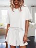 Women's Short Sleeve Pajama Set Cropped T Shirt and Drawstring Ruffle Shorts