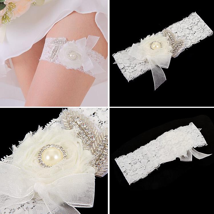 European Style White Pearl Rhinestone Flower Bridal Garter
