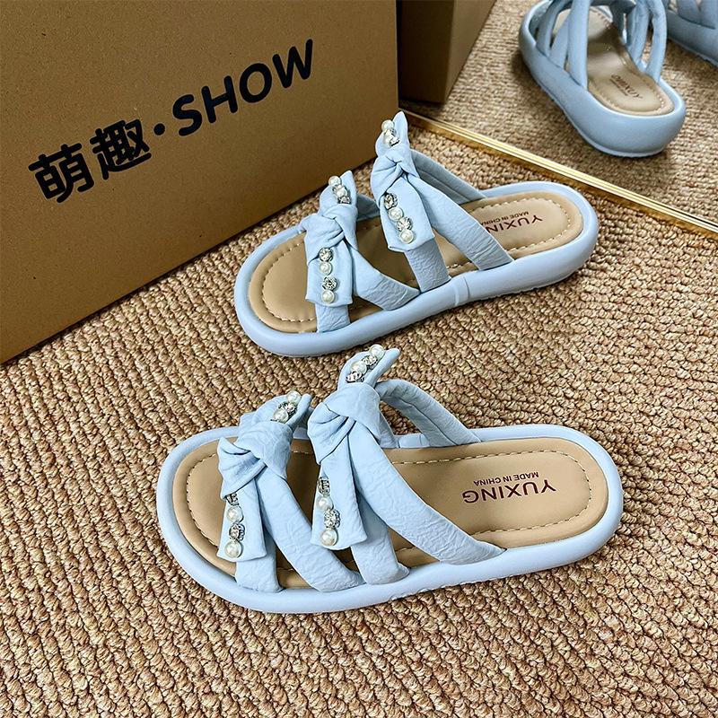 

Летние новые модели с юбками, шлепанцы на толстой подошве для женщин, универсальные стразы, сандалии Бокен на одном слове для женщин 40 светло-синий