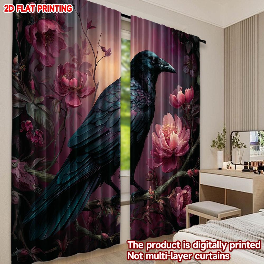Set Of 2 Flat Printing Happy Valentine Day Party Curtain Crows Flowers Print Digital Printed Polyester Drapes Festive Made