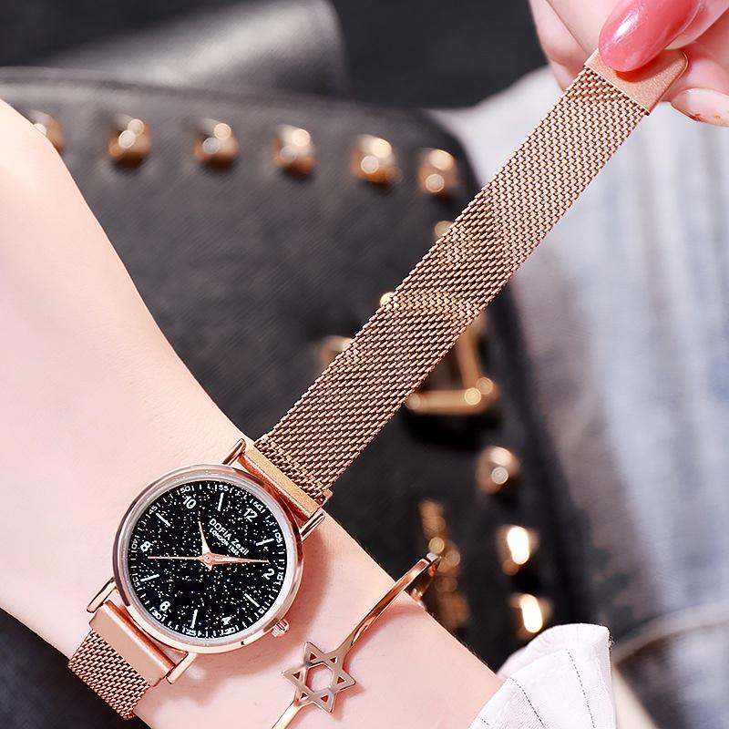 Fashionable Trendy Ladies' Night Light Watch Decorative Quartz Dial Casual Style Rose Gold Starry Sky Dial Non-waterproof