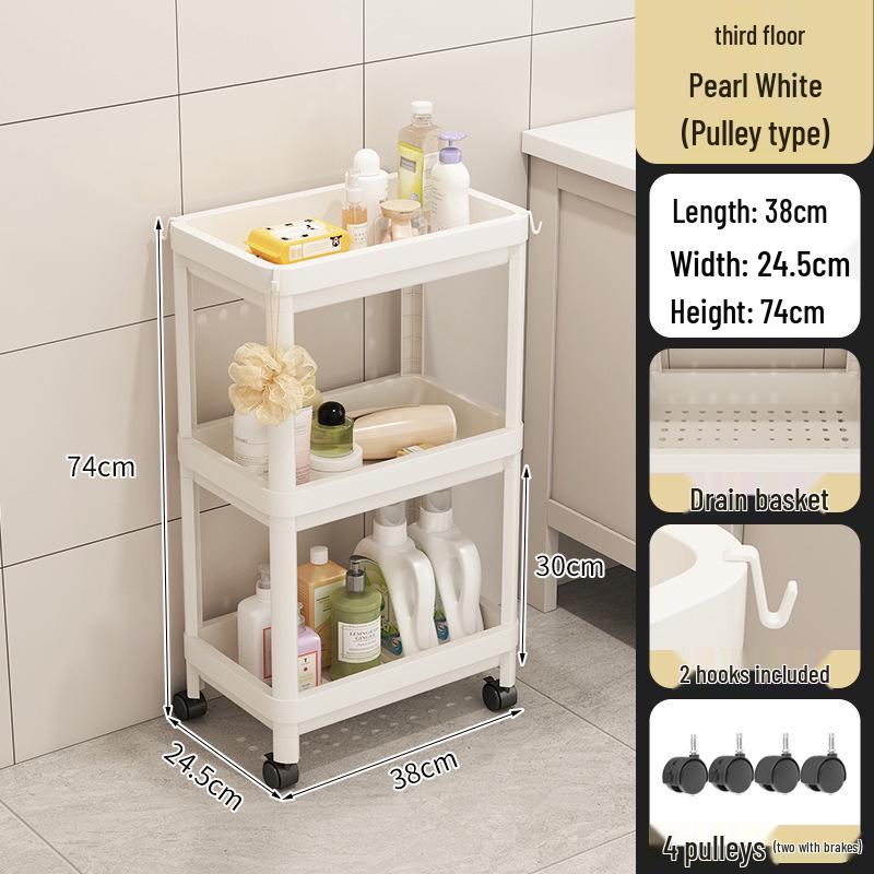 Vícepatrový koupelnový úložný vozík na kosmetiku a svačiny, stojící na podlaze