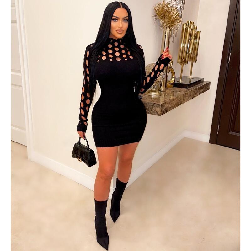 New Women's Clothing, Fashionable and Sexy Knitted Dress, Hollow Long-sleeved Tight Wool Dress