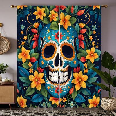 2 st set HD Mexikansk De dödas dag Blommor Blommig gardin Blå Knytbands digitaltryckt gardin Heminredningsstil Dekorera Vardagsrum