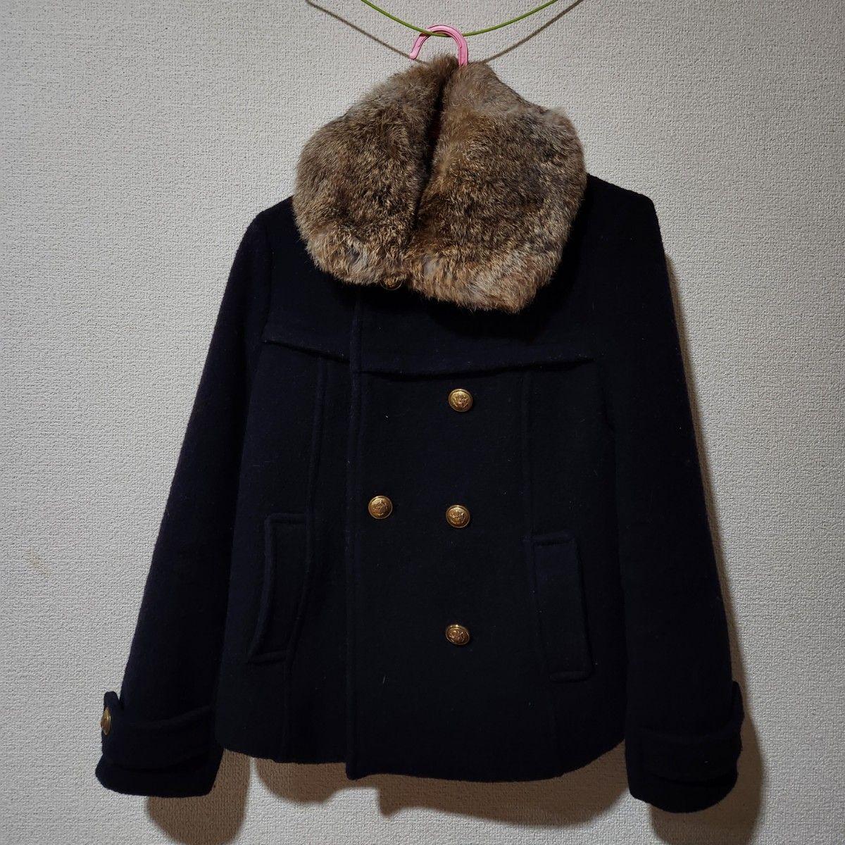 earth music&ecology coat pea coat navy wool outerwear rabbit fur real fur