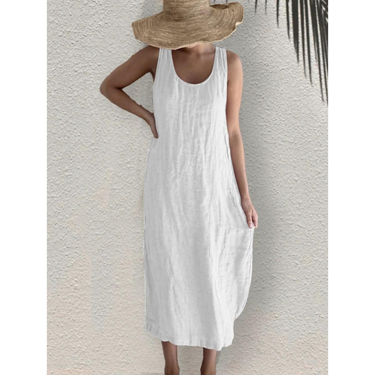 

Летнее повседневное свободное платье из хлопка и льна без рукавов с круглым вырезом для женщин с карманами XL белый