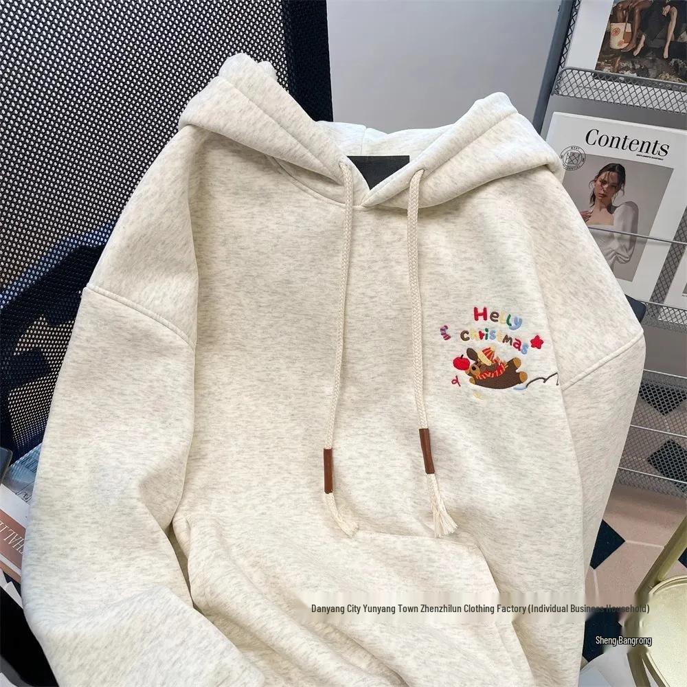 Korean Style Embroidered Dog Hoodie for Women - Cute, Retro, Age-Reducing, Plus Velvet, Autumn/Winter.