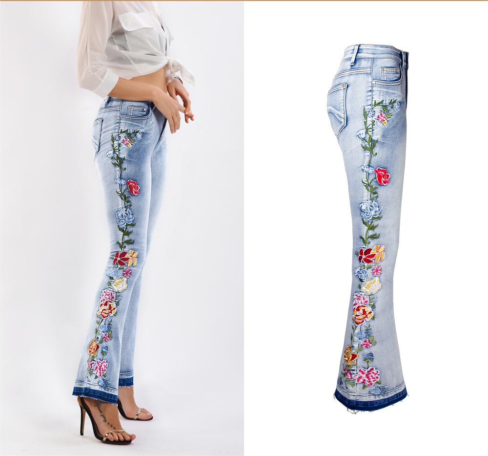 Size S-4XL Elastic Flower Embroidered Flare Jeans