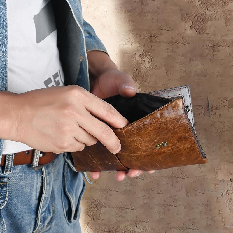 Men's Wallet Leather Wallet Casual Fashion Double Zipper Multi-Card Retro Clutch Bag Change Bag Men's
