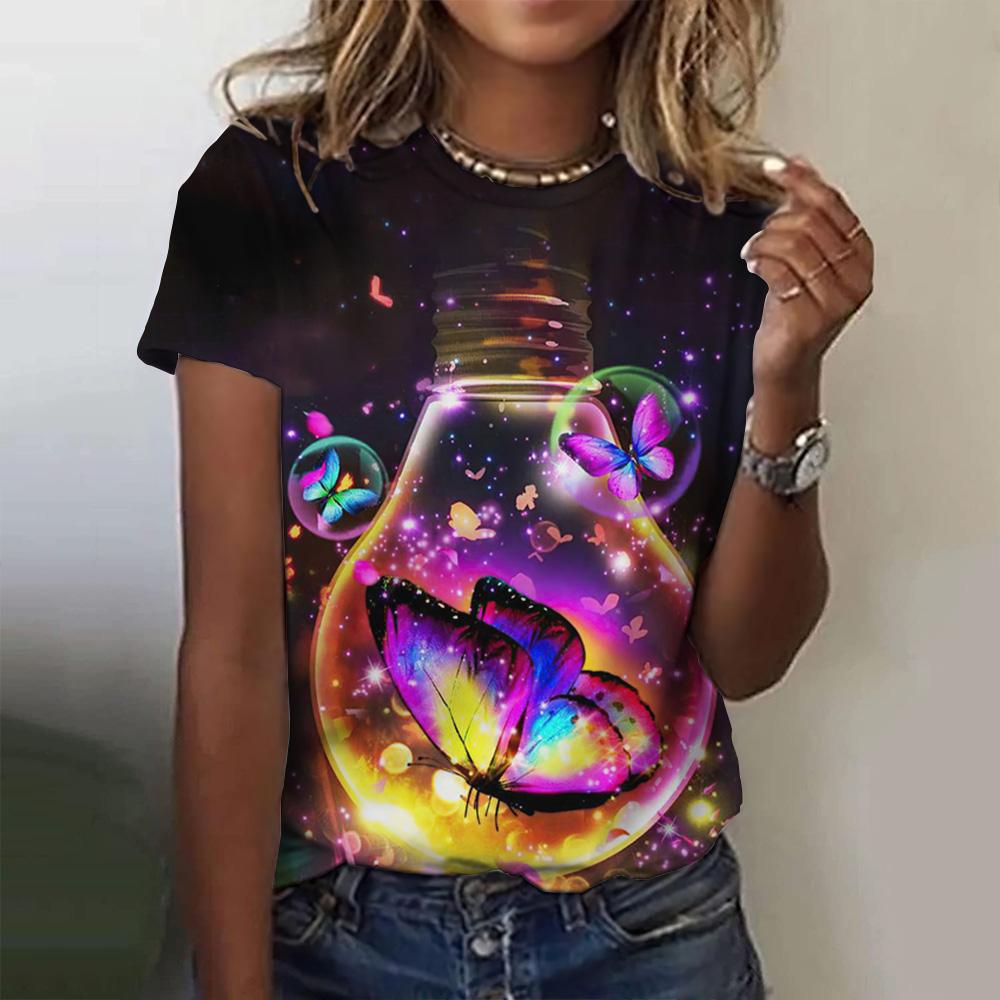 Summer butterfly themed T-shirt 3D printed women s casual round neck short sleeved shirt XS