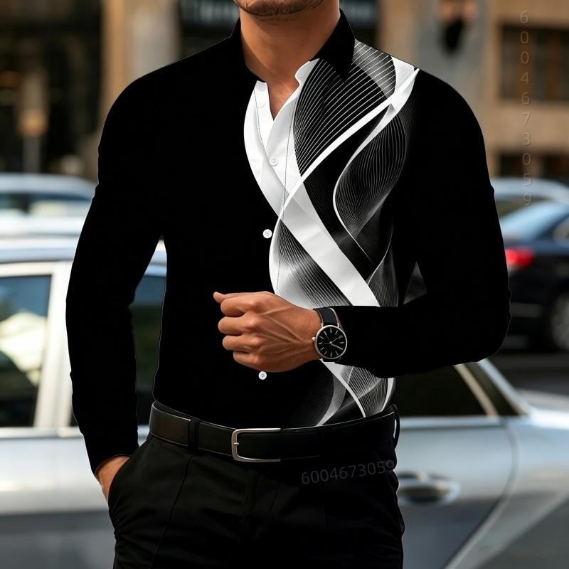 2026 Hot Selling Men's Shirt Gradient Printed Shirt Street Style Lapel Slim Fit Long Sleeved Shirt Business Casual Top