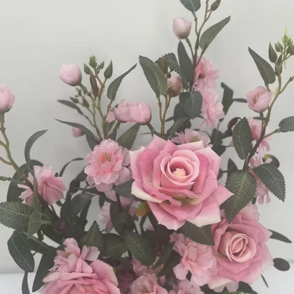 Home Decoration Artificial Flower Potted Roses Cherry Blossom Plants And Green Grass Mixed Placed Birthday Desktop Potted Plant