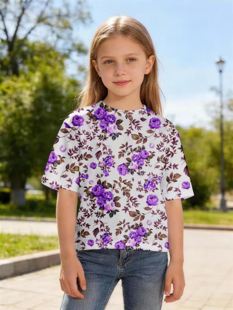 Girl Clothes Fashion Flower 3D Print Kids Short Sleeves T-Shirt Loose Casual Summer Tops Outdoor Comfortable Children's Clothing