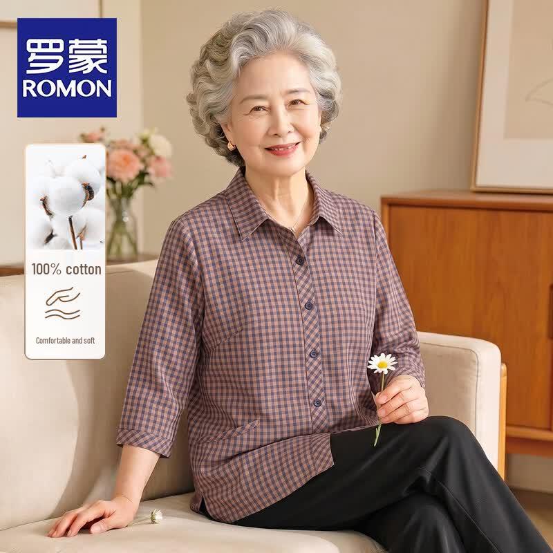 ROMON Women s Plaid Cotton 3/4 Sleeve Shirt 2XL