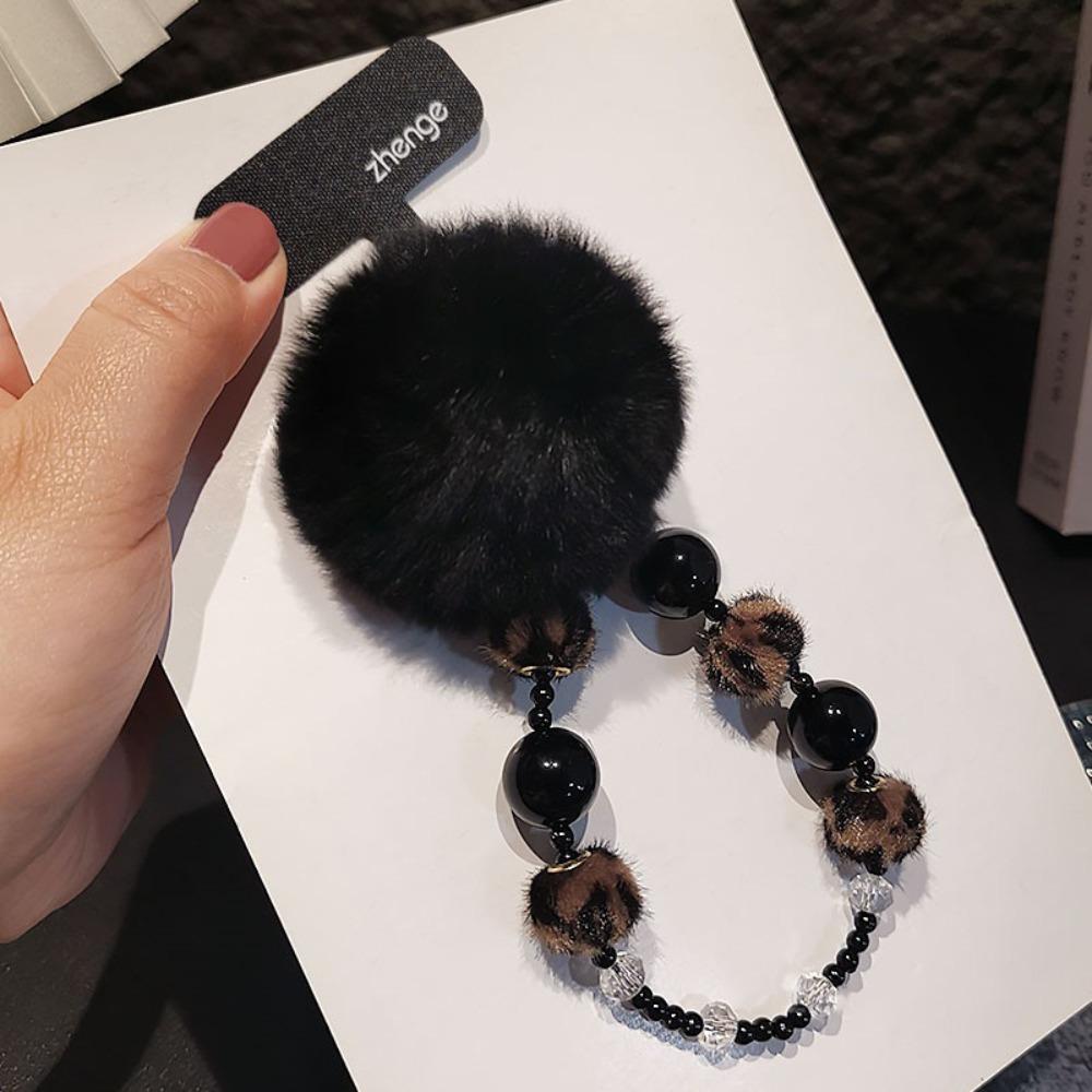 

Короткий ремешок на запястье с меховым помпоном, цепочка для мобильного телефона, ручная, подарок для девочек на Новый год чёрный