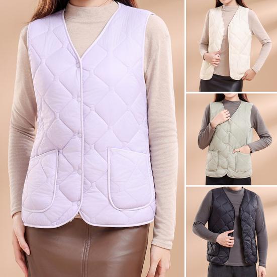 Dámská zimní vesta V-výstřih bez rukávů jednoradové zapínání vesta kabát s kapsami jednobarevný zesílený sametová podšívka vesta kabát