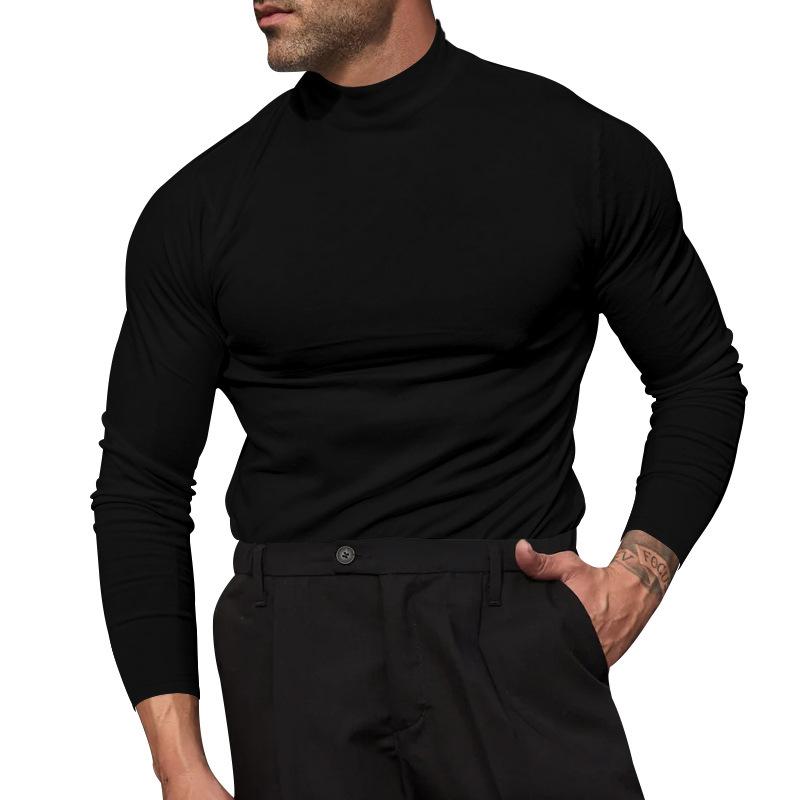 Men's Autumn/Winter Solid-Colour Long-Sleeved T-Shirt in Wool Blend Men's Base Layer Top with Close-Fitting Semi-Round Neck