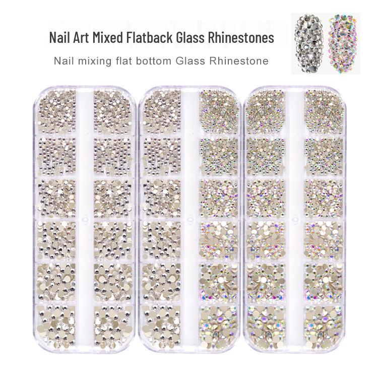 

Glass Rhinestones Nail Art Set: 1440 Shiny AB Iridescent White Gold Base Diamonds, 12 Mixed Grids