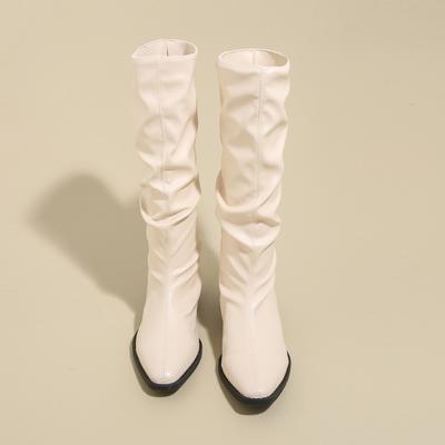 Mid-calf Square Heel Modern Boots Winter Slip-on Ladies Shoes On Sale 2024 Fashion Pointed Toe Mid Heel Solid Sewing Boots