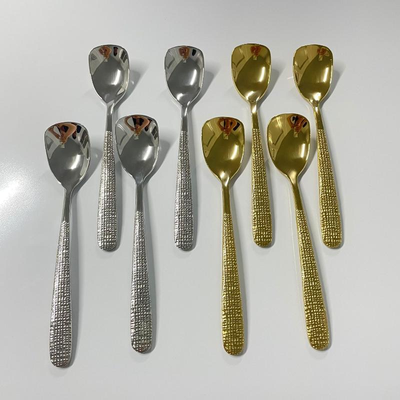 304 Edelstahl Besteck Flachkopf Löffel Gehämmertes Muster Griff Geschirr Luxus Retro Tafelgeschirr