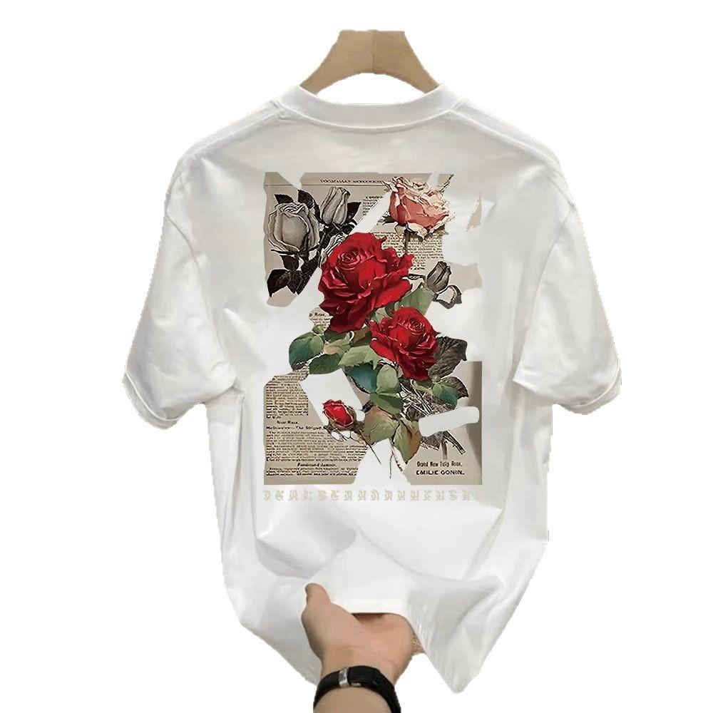 Cotton Short-Sleeved Creative Rose Rabbit Printed T-Shirt Men'S And Women'S Same Personalized Versatile Crew Neck Top