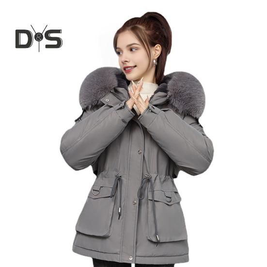Women Winter Coat Thick Plush Furry Hooded Long Sleeves Pockets Drawstring Waist Zip-up Windproof Mid Length Overcoat Outdoor Outwear