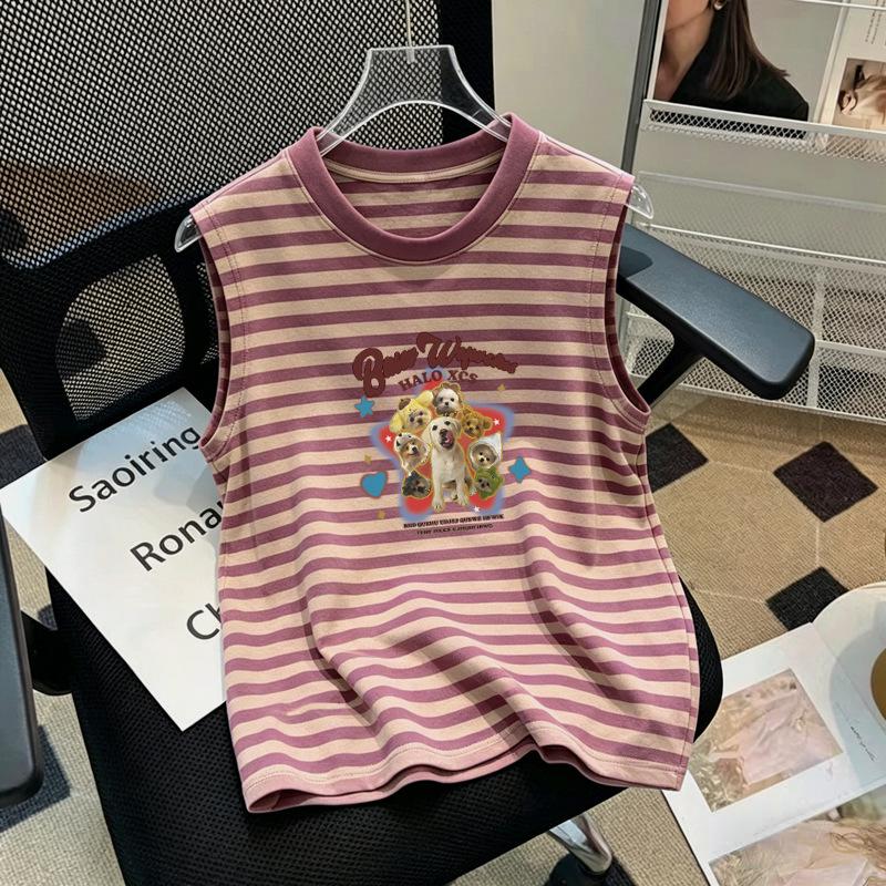 Girls' Cartoon Patchwork Stripe Sleeveless Tank Top (6-12 Years) - Summer 2026 Collection