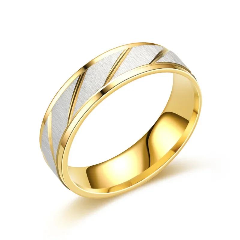 Stainless Steel Gold Color Wave Pattern Couple Ring Titanium Steel Wedding Engagement Ring Promise Ring Zircon Gift