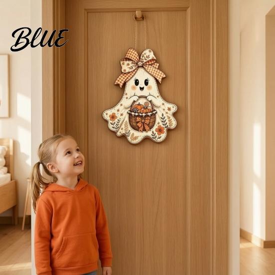Autumn Porch Hanging Ornament Cute Bow Ghost Sign Rustic Retro Floral Door Sign with Pumpkin Outdoor Fall Entryway Basket Vintage Halloween