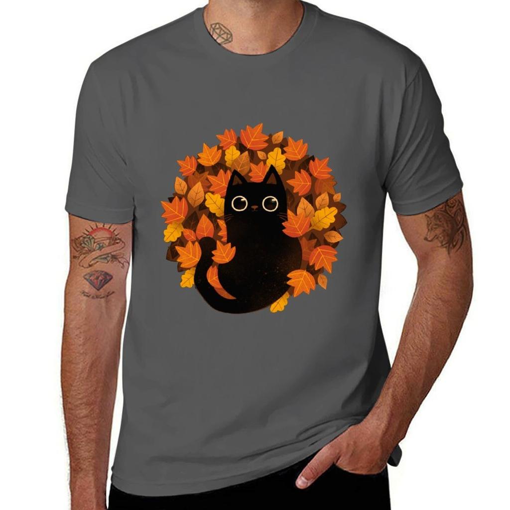 Cat and Autumn Leaves TShirt Stretch Fabric Comfort TShirt