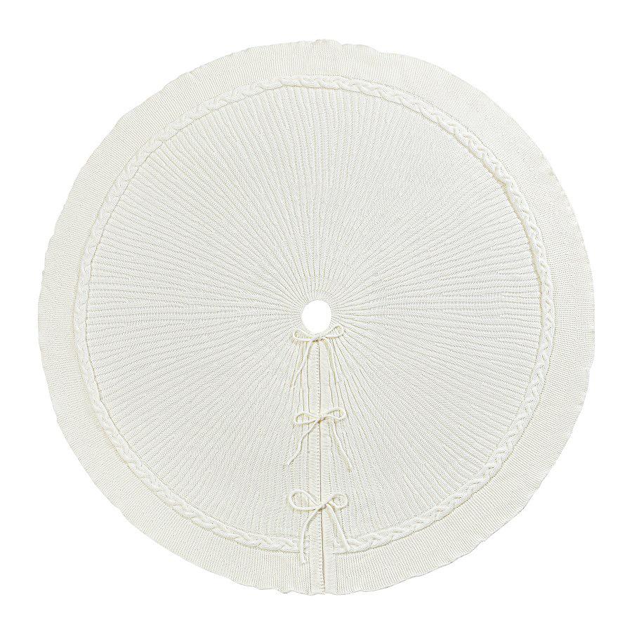 White Vertical Stripe Knit Christmas Tree Skirt with Wave Edge for Family Decoration