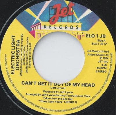 7inch Record ELECTRIC LIGHT ORCHESTRA - Can't Get It Out Of My Head ELO1JB JET 1978 UK Rock Used