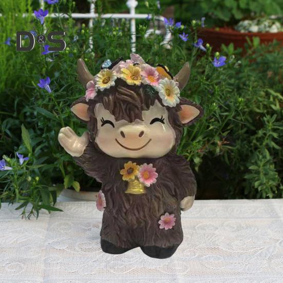 2Pcs Highland Cow Dwarf Ornaments Brown Finish Cattle Figure with Pink Flowers Bookshelf Fireplace Home Decor
