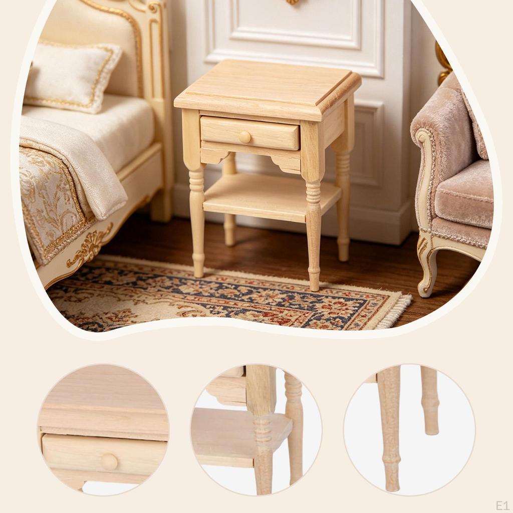 1:12 Scale Dollhouse Bedside Table Miniature Furniture Pretend Tray Retro Wooden End Model for