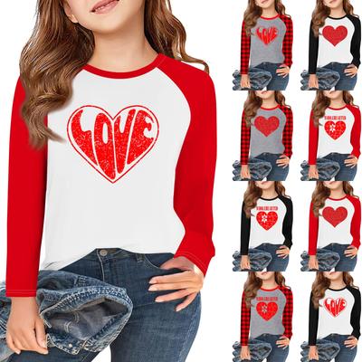 Långärmade T-shirts för flickor med kärlek och alla hjärtans dag-motiv, hösttoppar, rund hals, enkla T-shirts för barn, 5-14 år