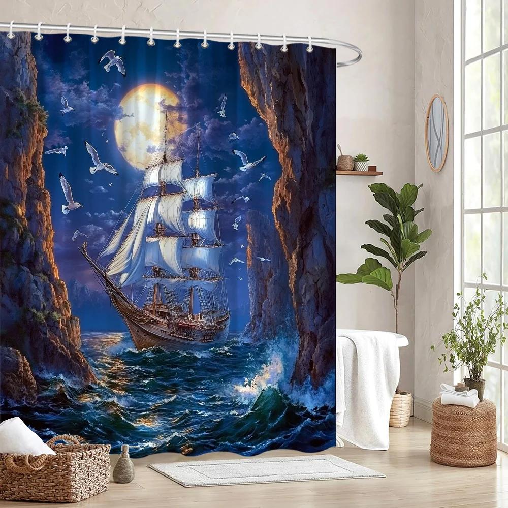 Sailing Ship Shower Curtain - Night Scene Design, Full Moon & White Sails,12 Hooks, Washable Polyester, Nautical Bath Decor
