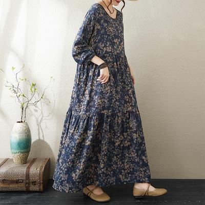 Vestido largo holgado informal de otoño para mujer, de algodón y lino, talla grande, estilo vintage