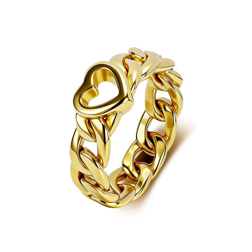 New European and American Trend Heart-shaped Cuban Chain Ring Titanium Steel Plated 18K Gold French Niche Premium Hand Jewelry