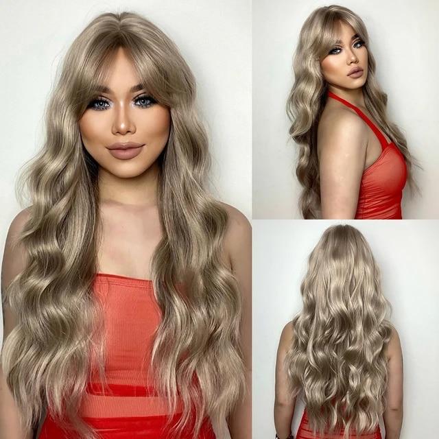 Wine Red Long Wavy Synthetic Wig High Temperature Natural Wig with Bangs Colorful Party Cosplay Hair for Black Women