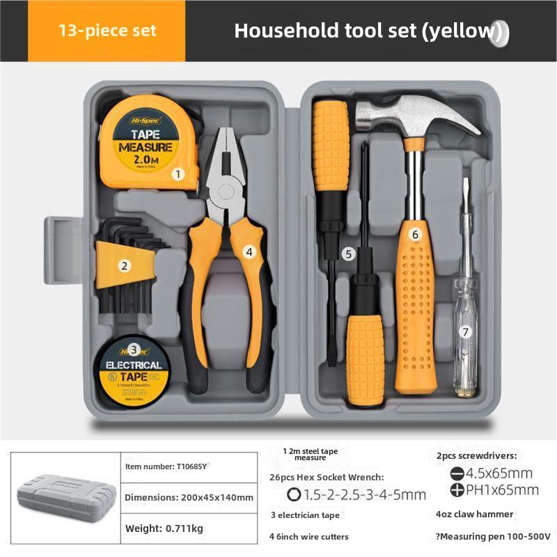 Multifunktionales Heimwerker-Reparaturwerkzeugset mit Zange, Maßband, Hammer.