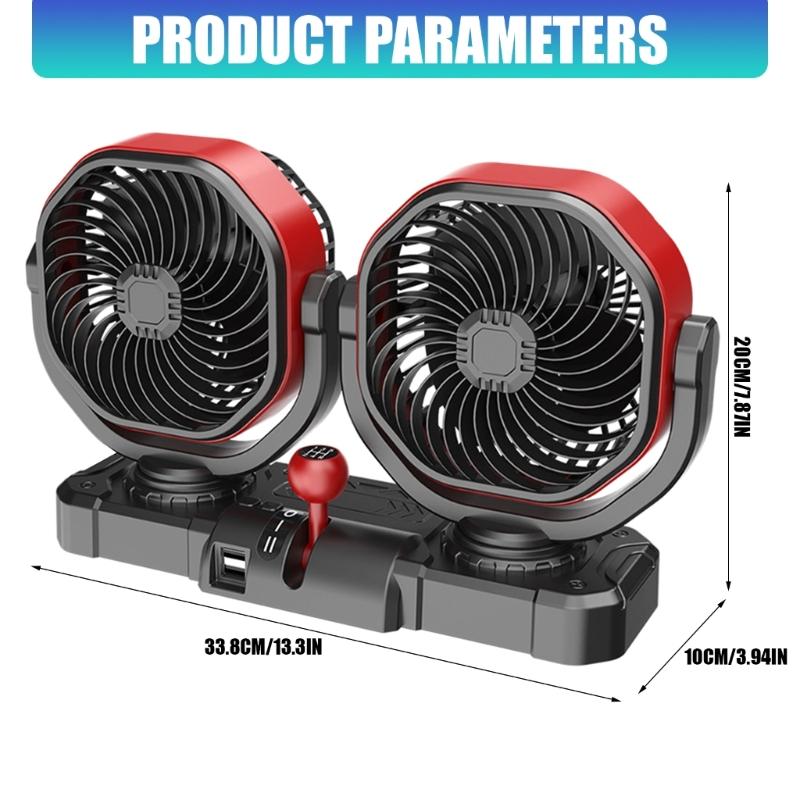 Double Head Car Fan 12V 24V Lighter Cooling Fan Double USB Output Oscillating Airflows for Truck RVs Dashboard Use