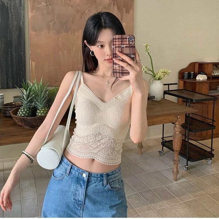 #Summer new Spice Girl style V-neck lace dispensing splicing ice silk vest female slim one-piece with chest pad