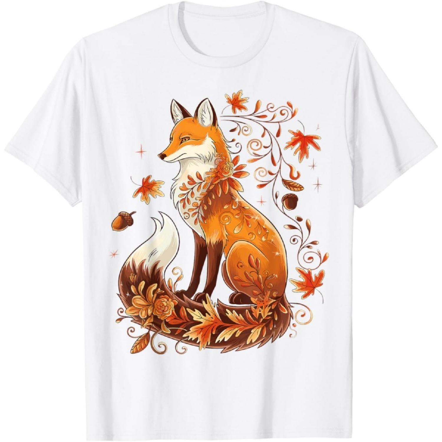 Autumn Floral Fox Fall Boho Animal Nature Lover Tee T-Shirt S